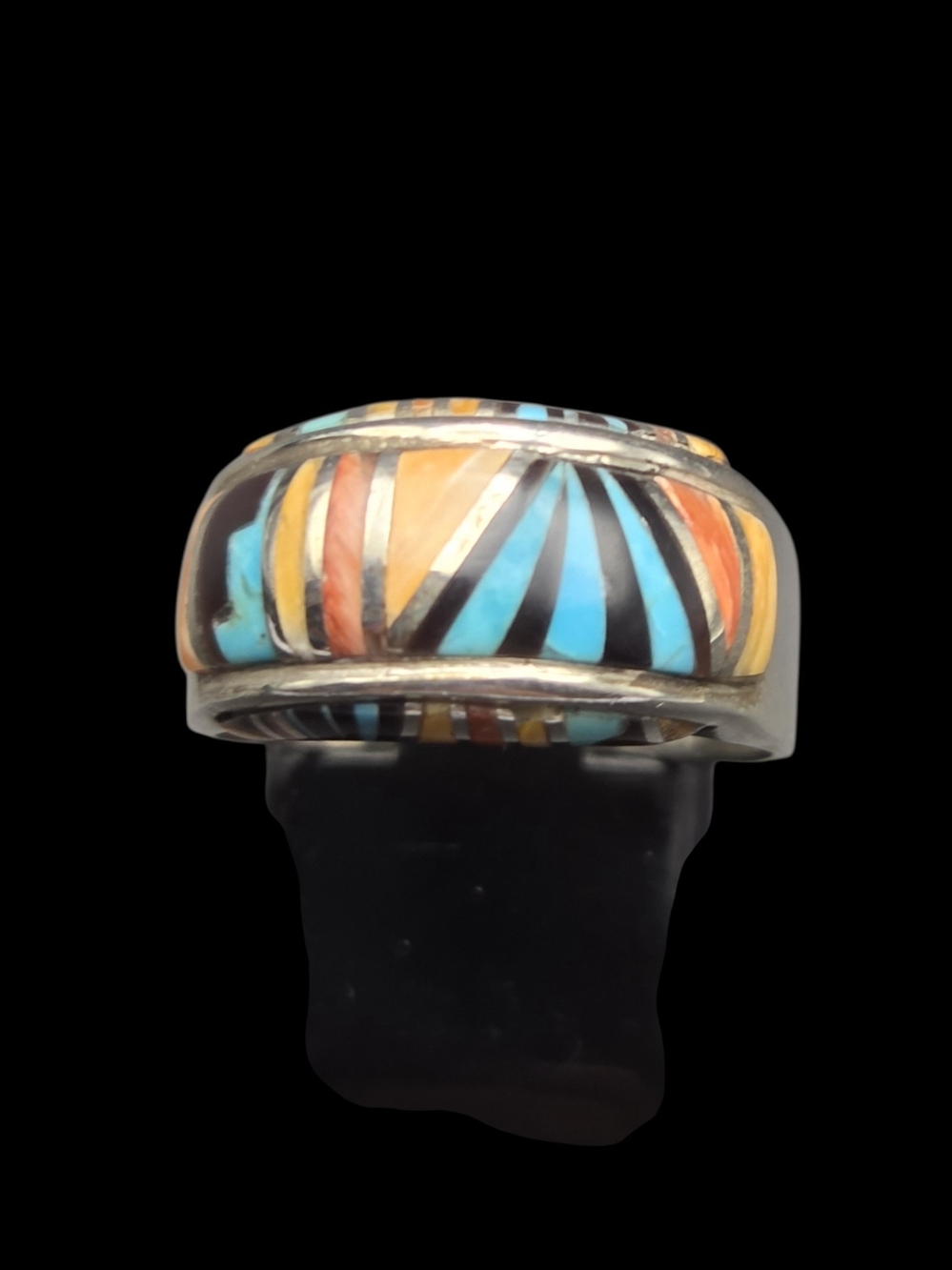 Multi-Color Inlay Sterling Band Ring - Turquoise, Coral & Yellow N BO 7